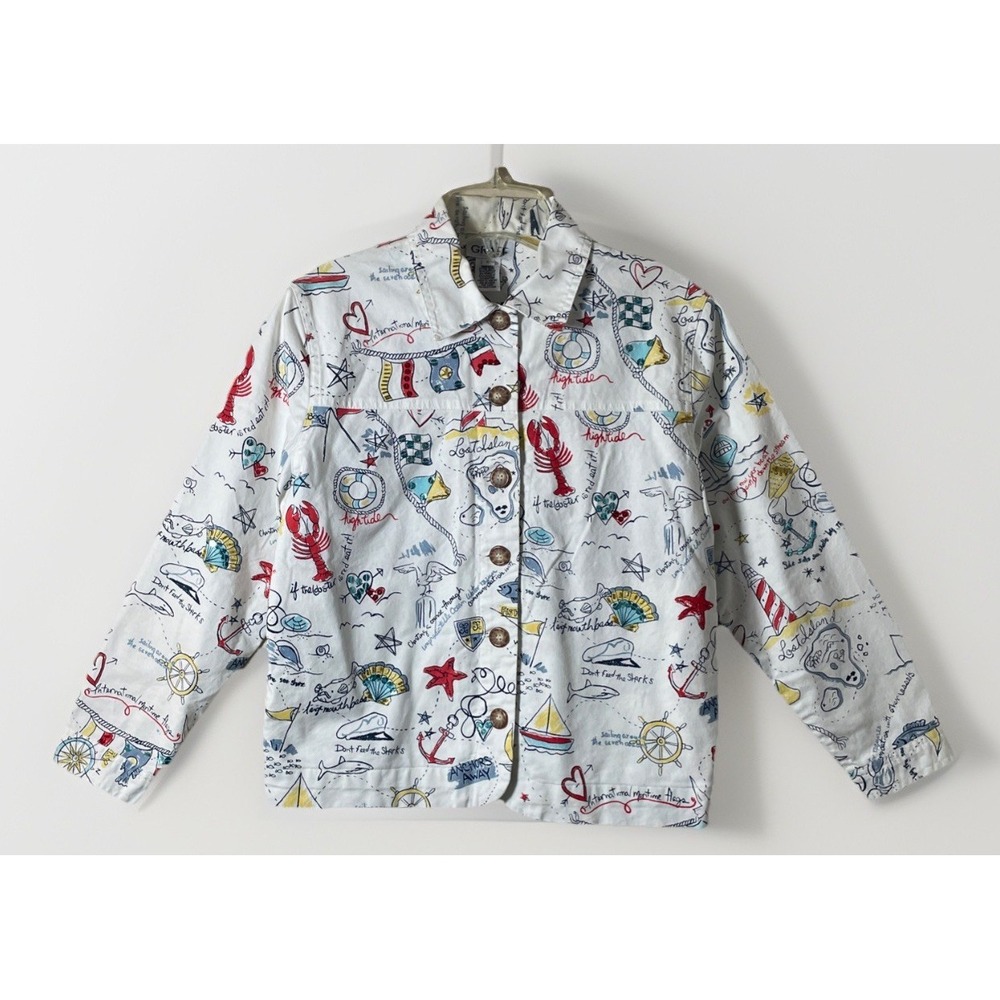 Vintage GRAFF Cropped Embellished Jacket Nautical Coastal Doodle Print Women's S